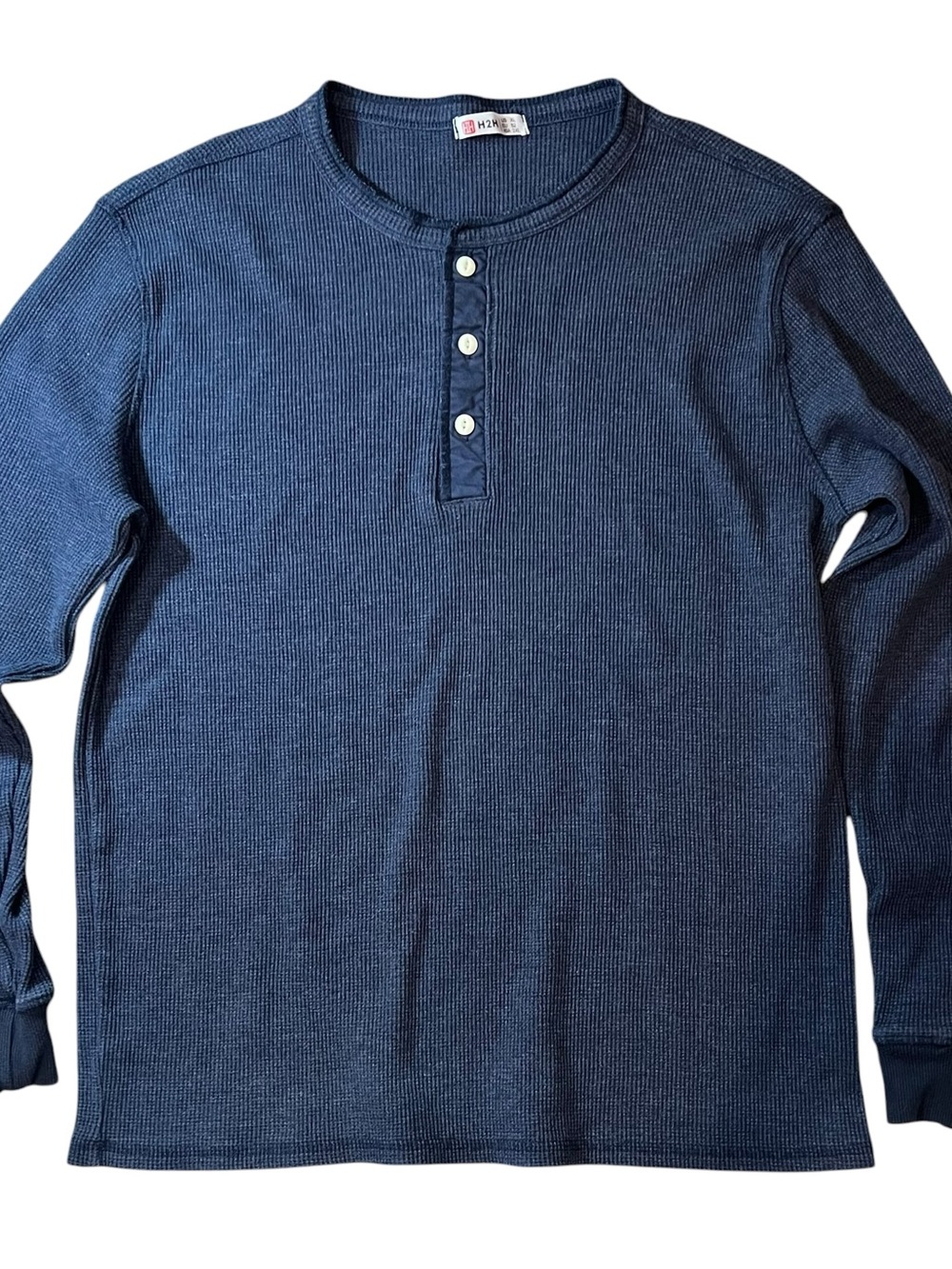 Dark Blue Waffle Knit Henley Long Sleeve